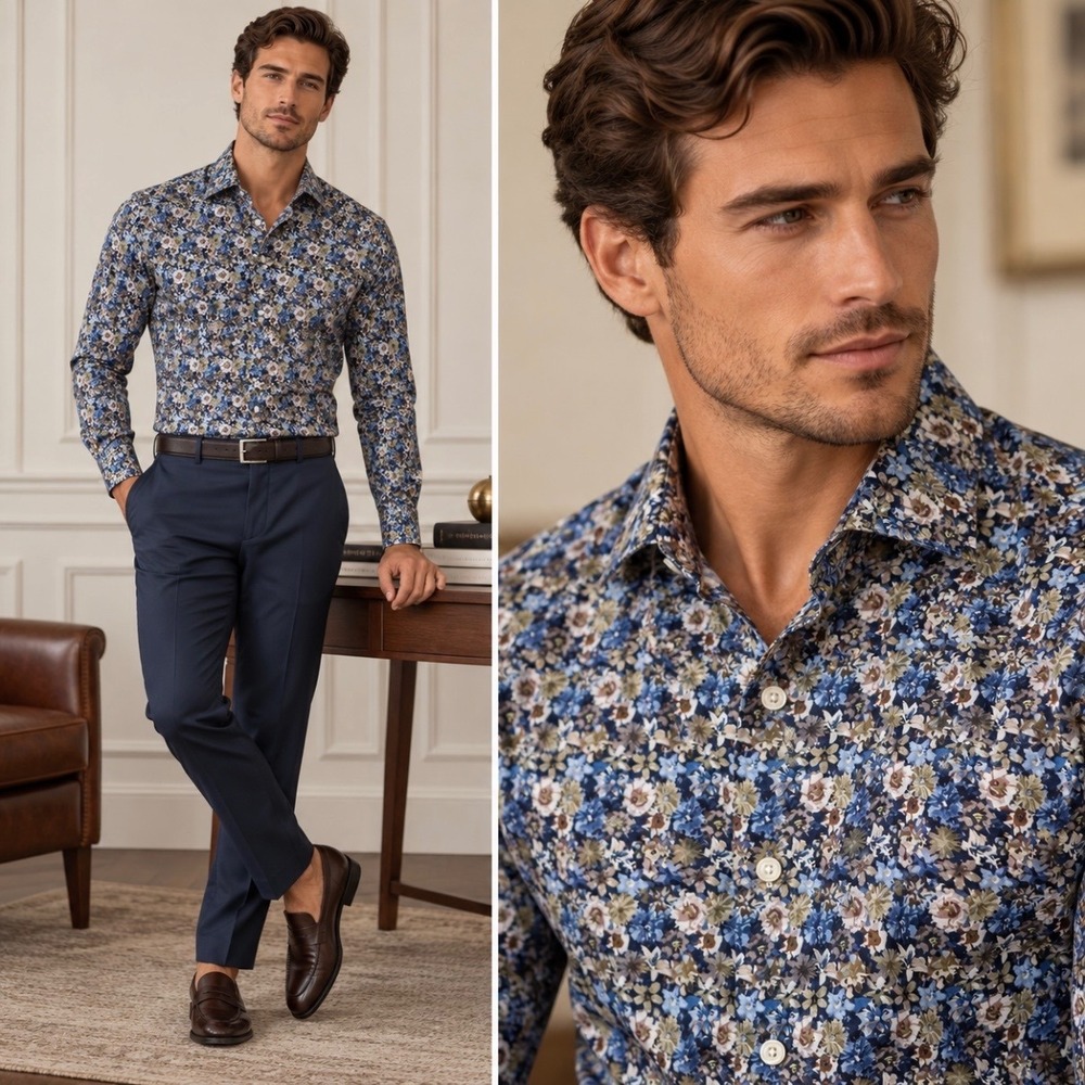 Eton Slim Fit Blue Floral Signature Twill Button Up Shirt L 41 16 100% Cotton